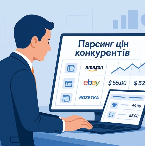 Бізнесмен аналізує парсинг цін конкурентів — маркетолог працює за ноутбуком, на великому екрані відображені ціни інтернет-магазинів Amazon, eBay та Rozetka, а також графіки та таблиця порівняння.